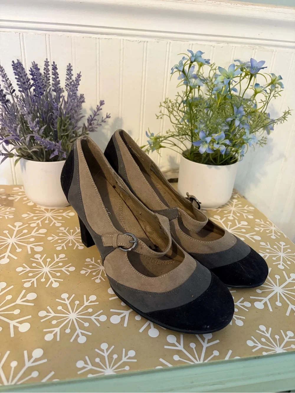 AEROSOLES Suede Mary Jane Heels in Black, Gray & Taupe